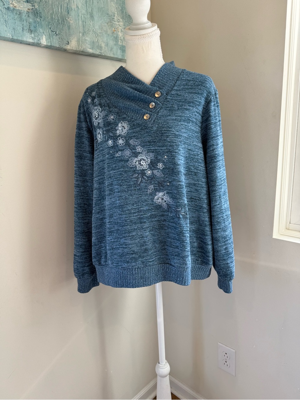 Alfred Dunner Teal Blue Floral Cowl-Neck Sweater with Button Detail